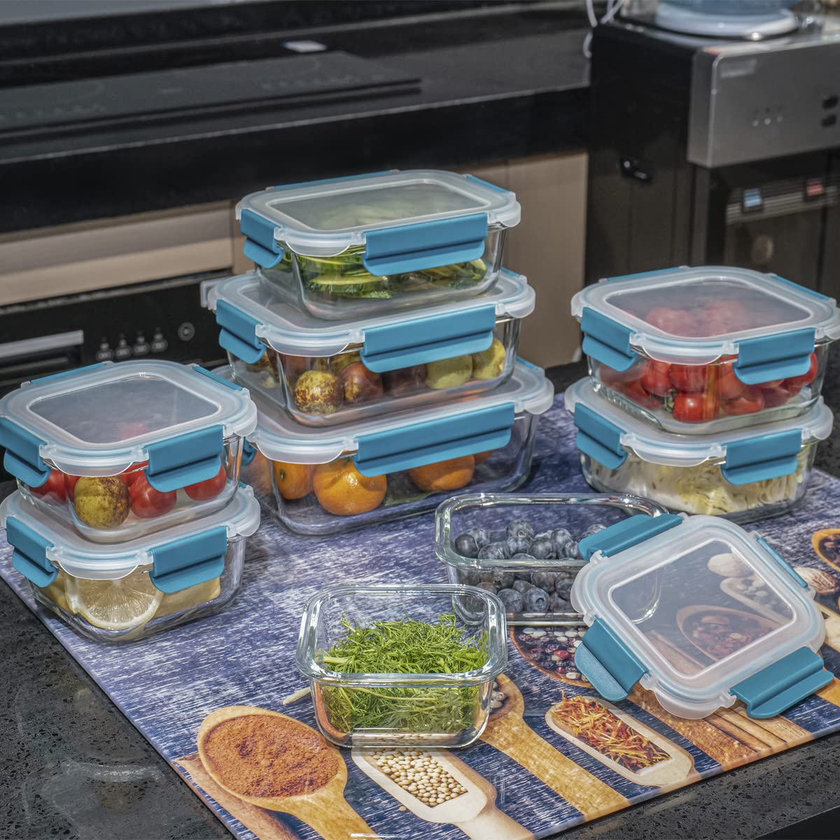 Fenger Juego de recipientes de cristal para alimentos, 18 piezas (9 recipientes, 9 tapas transparentes), aptos para lavavajillas, microondas y congelador, a prueba de fugas, sin BPA