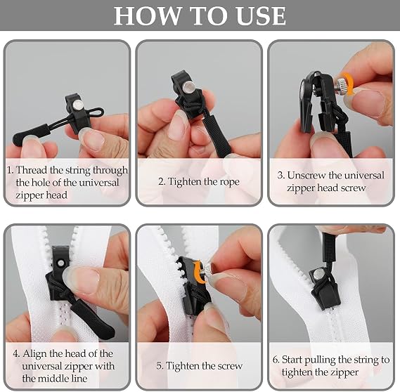 6 PCS Zipper Pull Replacement, Zipper Repair Kit, Replacement Zipper Pulls, Zip Replacement, Zipper Puller Replacement, Removable Zipper Pullers, for Clothes, Jeans, Wallets, Luggage (Black)