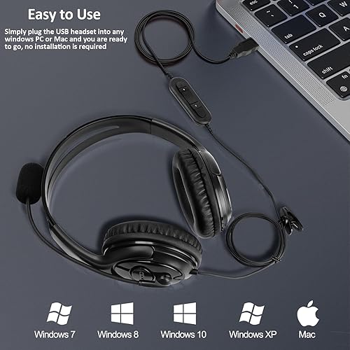Miniatura 3 de MKJ Auriculares USB con micrófono, auriculares de PC con cancelación de ruido para laptop, auriculares con cable de doble oreja para centro de