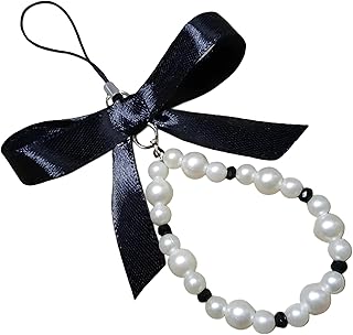 Generic Bow Tie Mobile Phone Hanging Chain Keychain Imitation Pearl Phone Holder (Black Bowtie)