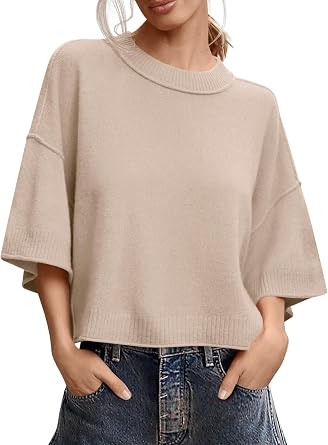 Saodimallsu Womens Short Sleeve Sweater Oversized Cropped Sweaters Knit Top