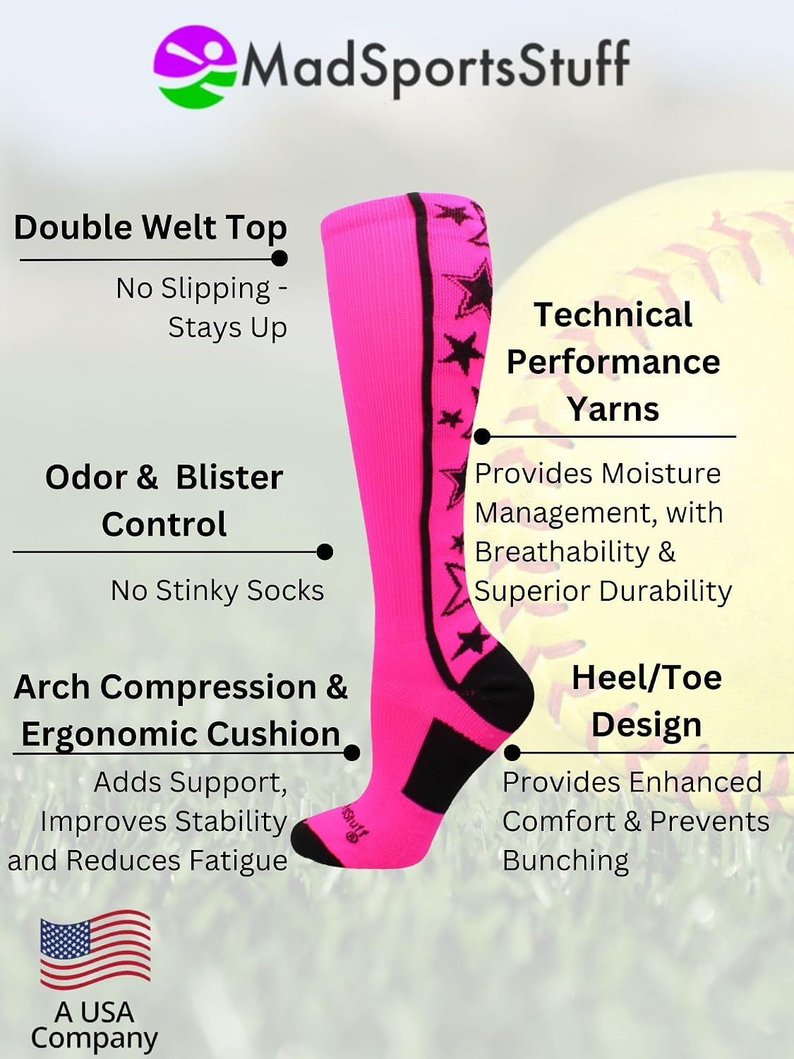 MadSportsStuff Softball Socks with Stars for Girls and Women Over the Calf Tall Socks Youth and Adult Sizes