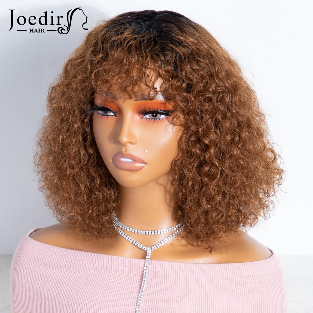 Joedir HAIR Short Curly Wig with Bangs 12 inch Black Roots to Brown Hair Water Wave Bob Wig Human Hair for Black Women 150% Density Glueless Wig (Color: TT1B/30)