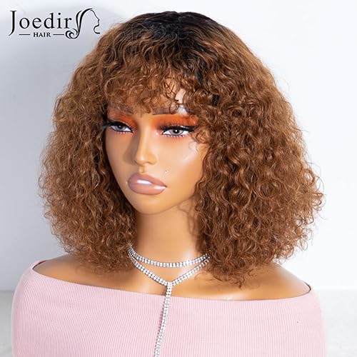 Miniatura 5 de JOEDIR HAIR Peluca corta rizada con flequillo color marrón degradado peluca de cabello humano ondulado de 12 pulgadas para mujeres negras densidad