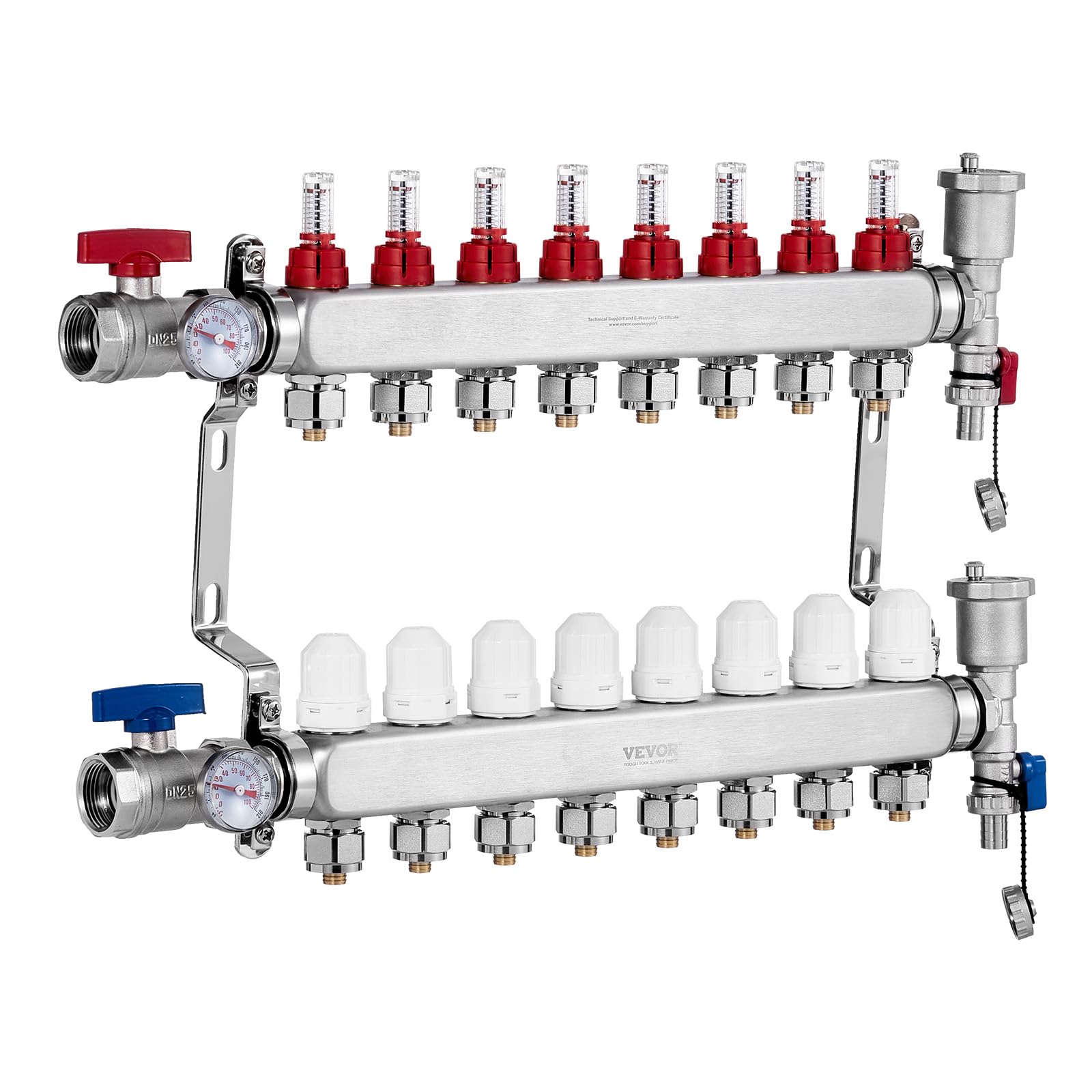 VEVOR Colector de Calor Radiante de 8 Derivaciones, Colector de Tubería PEX de Acero Inoxidable SUS304 para Calefacción por Suelo Radiante Hidrónico, con Adaptadores, 590 x 370 x 110 mm, 0-5 L/min