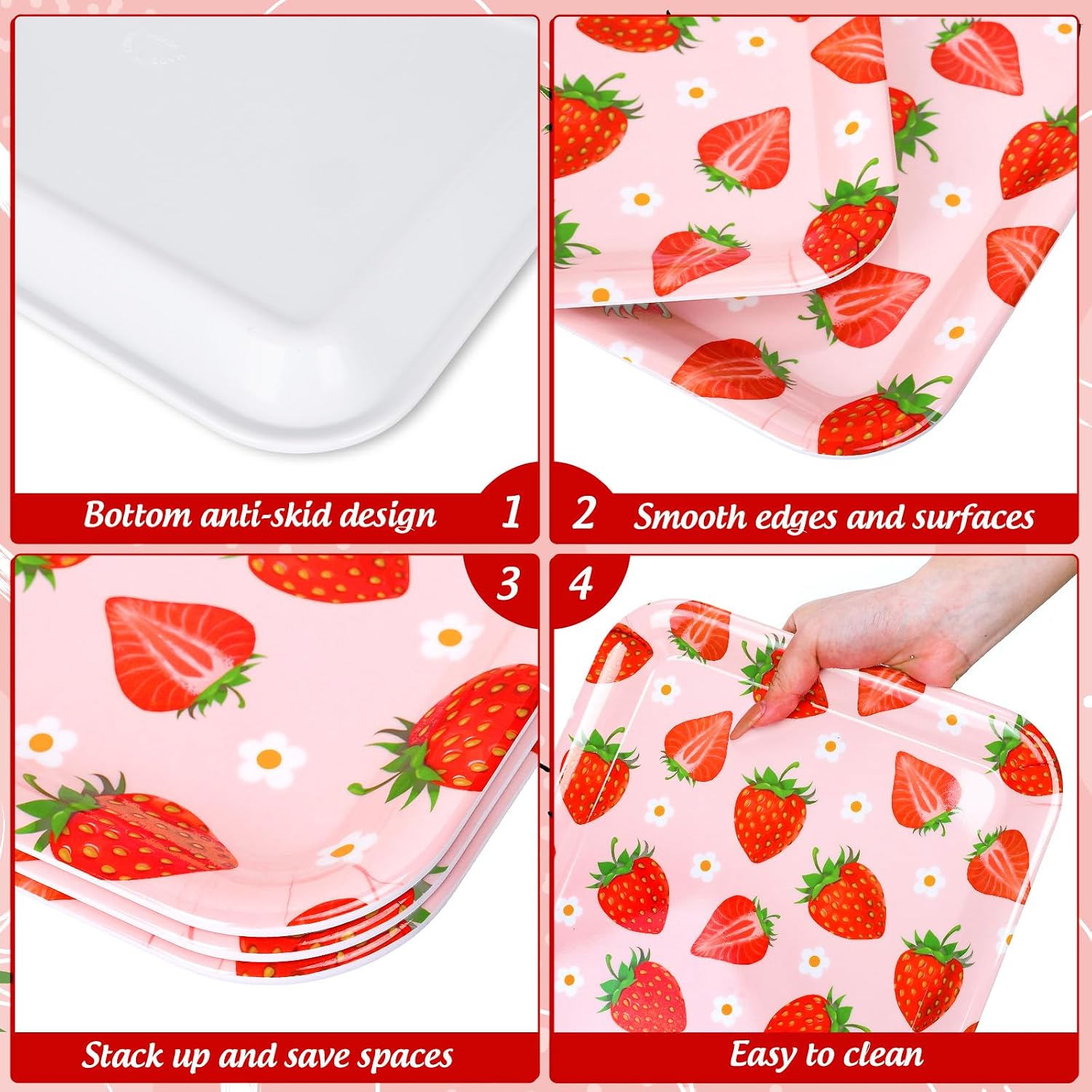 JarThenaAMCS 3Pcs Strawberry Serving Trays Red Pink Berry Flower Platter Cute Fruit Serving Dishes for Birthday Baby Shower Party Sharing Snacks Fruit Dessert Candy