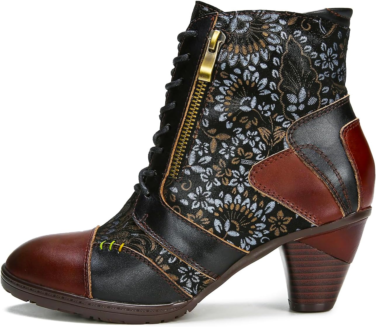 Superladystar's Retro Handmade Leather Ankle Boots, Mid heels, Comfortable, Boots, Colorful Painting, Metallic Style - Fashion