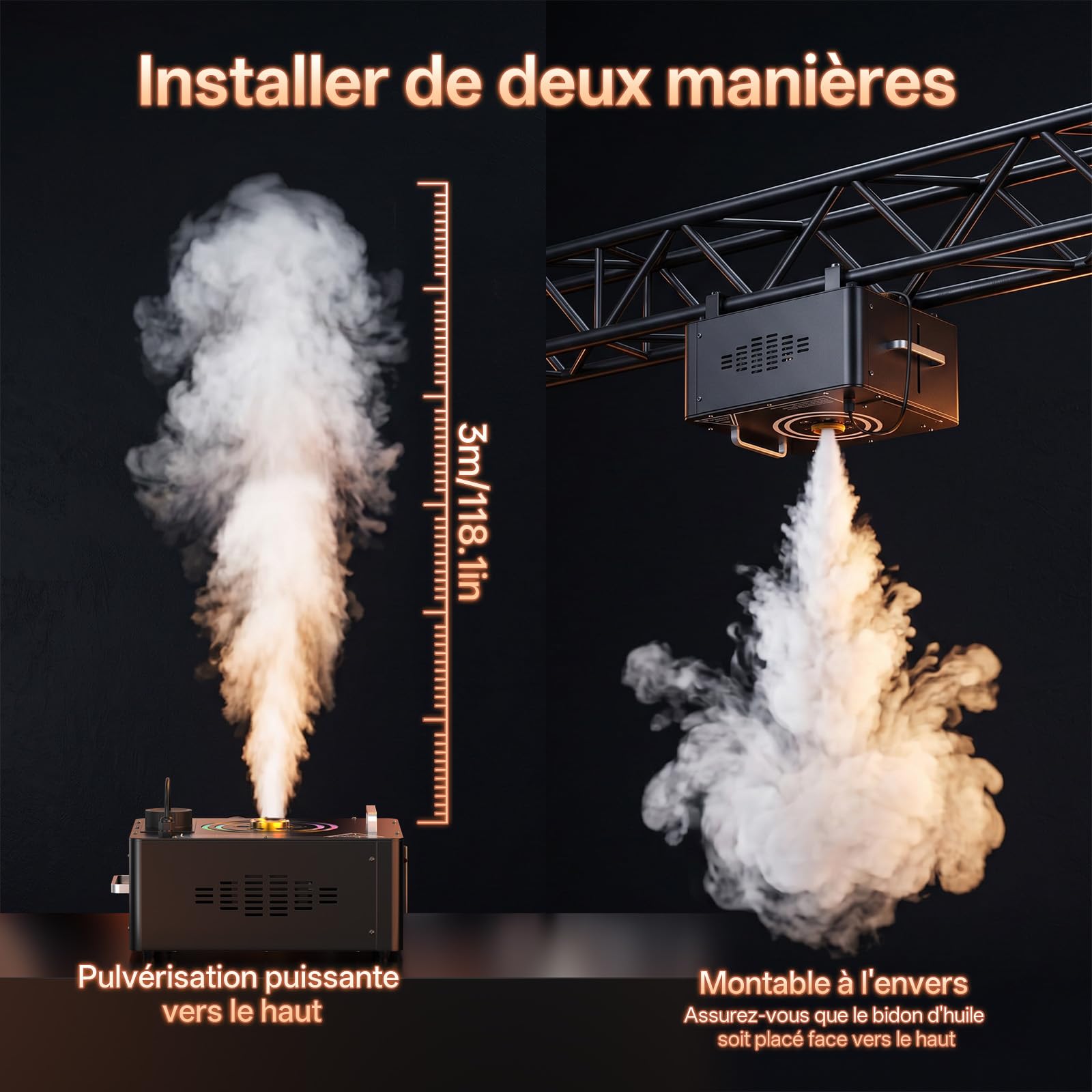 Máquina de Humo, 1500W Suspendible Fog Machine DMX con 6 RGB LED y Anillos Luminosos, 3000CFM con Remotos Inalámbricos y 4 Efectos de Iluminación para Halloween Navidad Fiesta Bodas DJ