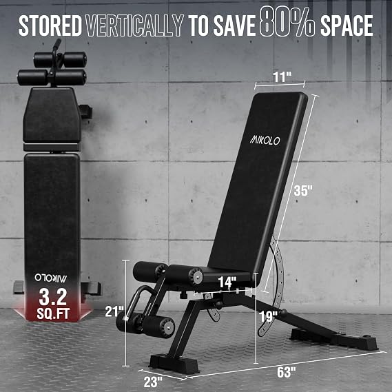 Mikolo 1200LB Weight Bench, Adjustable Workout Bench with Detachable Leg Support, Vertical Storage Space-Saving Exercise Bench for Home Gym, Incline Flat Decline Sit Up Bench for Full Body Fitness