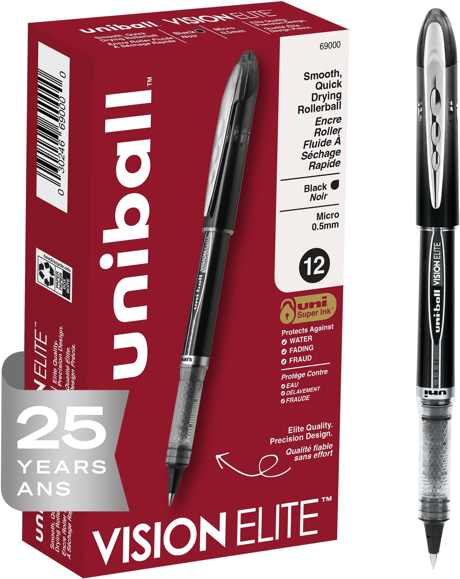uni-ball Vision Elite Rollerball Pens Fine Point Micro Tip, 0.5mm, Black, 12 Pack