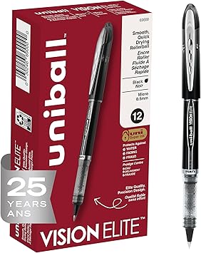 uni-ball Vision Elite Rollerball Pens Fine Point Micro Tip, 0.5mm, Black, 12 Pack