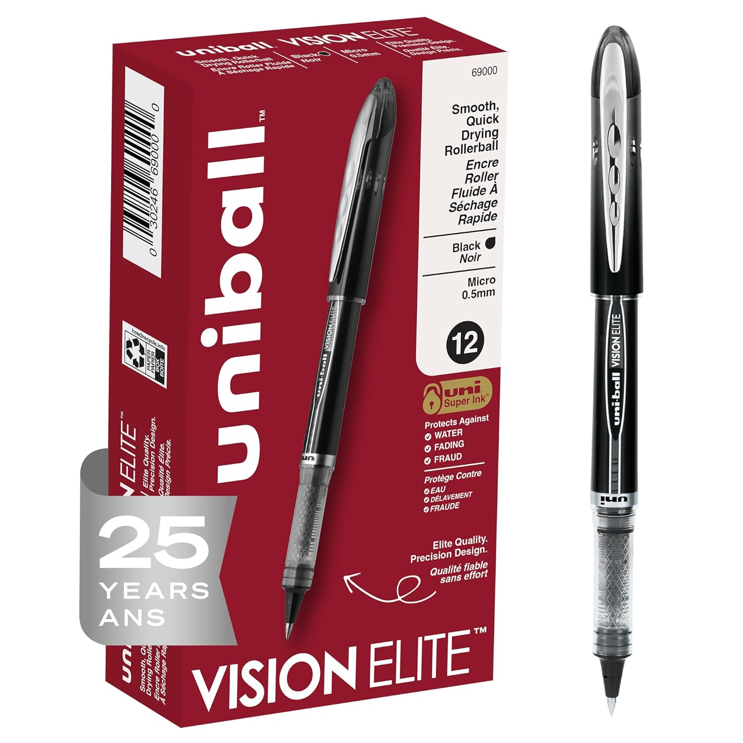 uni-ball Vision Elite Rollerball Pens Fine Point Micro Tip 0 5mm Black 12 Pack
