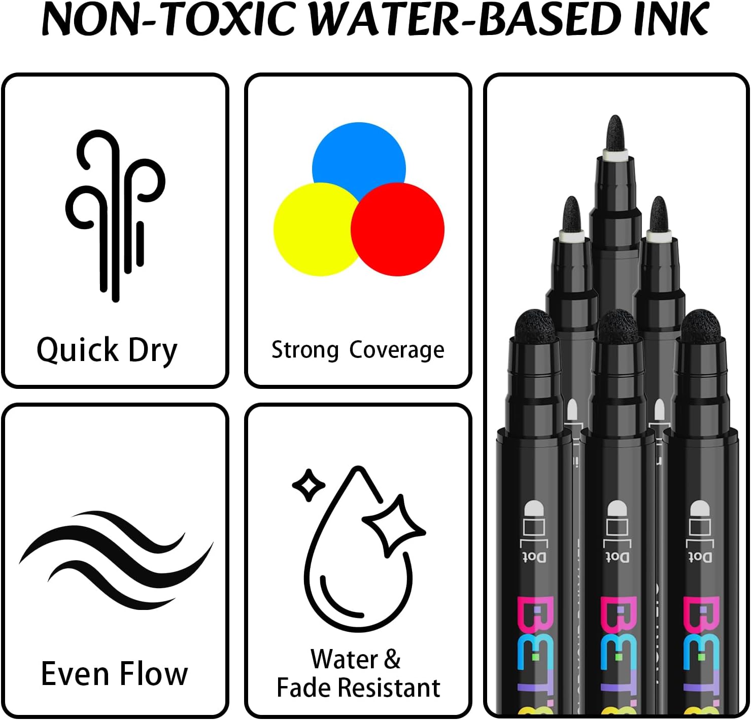 Betem 6 Black Dual Tip Acrylic Paint Markers, Fabric Decorating Kits Premium Water-Based Acrylic Paint Pens Art Supplies for Fabric, Rock, Wood, Glass, Canvas, Ceramic, Teacher Appreciation Gift