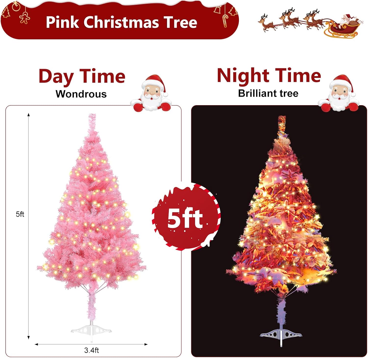 5ft Pink Christmas Tree for Home, Office, Party Decoration, Artificial Christmas Tree for Xmas Seasonal Holiday Decoration Indoor Outdoor (Pink-5ft)