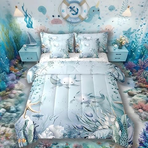 Axolotl 7 Piece Comforter Set Full Bed in a Bag,Teal Blue Ocean Beach Coastal Bedding Set Starfish Octopus Tentacles Sheet Sets with Comforter Underwater Creature Coral Bed Set,Kawaii Fish Room Decor