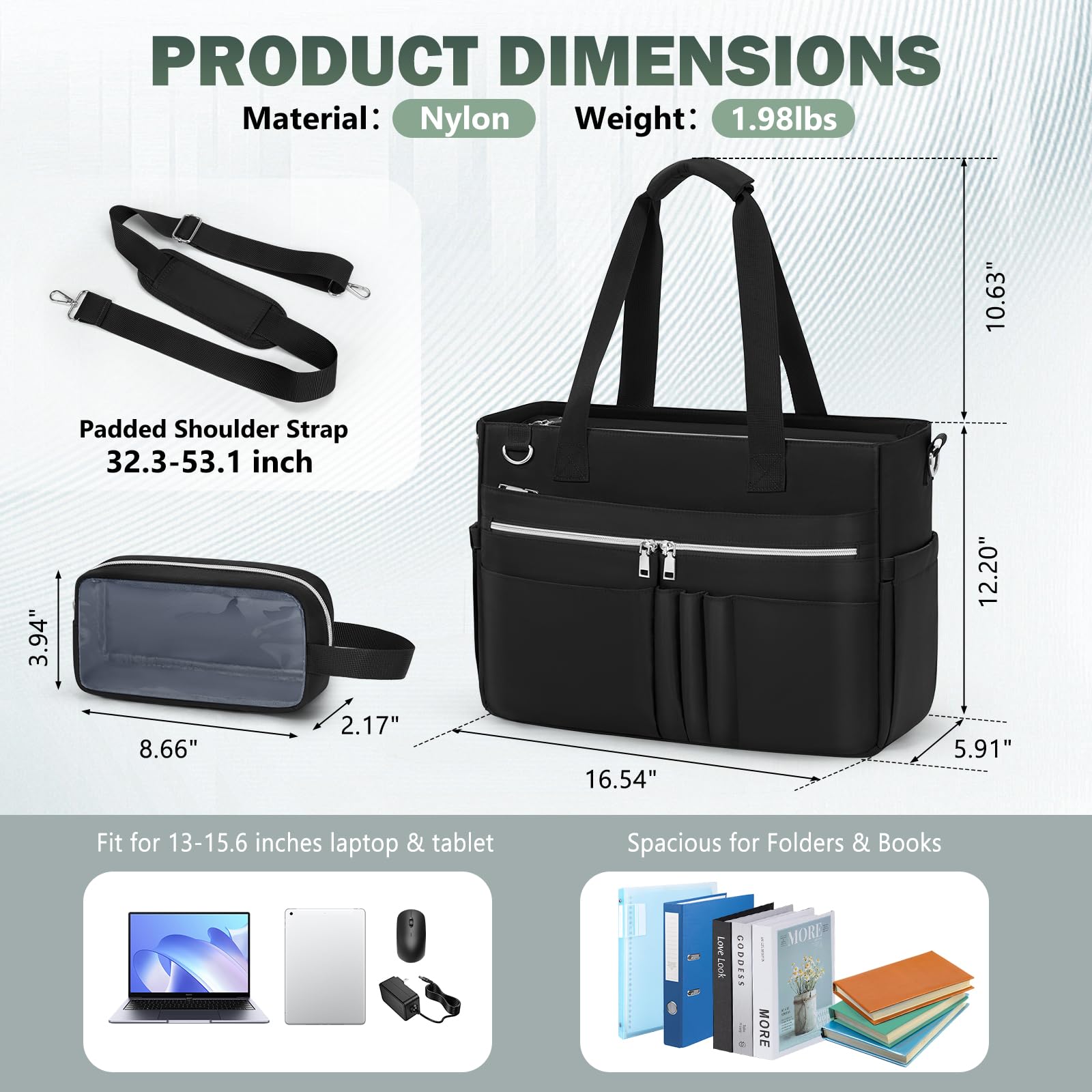 RAINSMORE Lehrertasche Damen 15,6 Zoll Laptoptasche Groß Arbeitstasche mit Isolierter Tasche Wasserabweisende Handtasche Shopper Tasche für Arbeit Büro Uni Reisen Business Schwarz