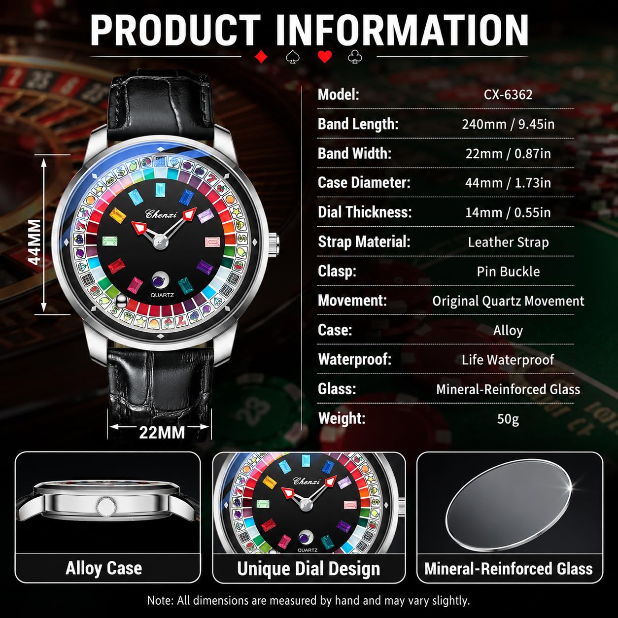 Gosasa Orologio da uomo con quadrante rotante, 44 mm | Cinturino in vera pelle nera,Stile casual business,Orologio da gioco,Resistenza all'acqua 30M,Lancette luminose
