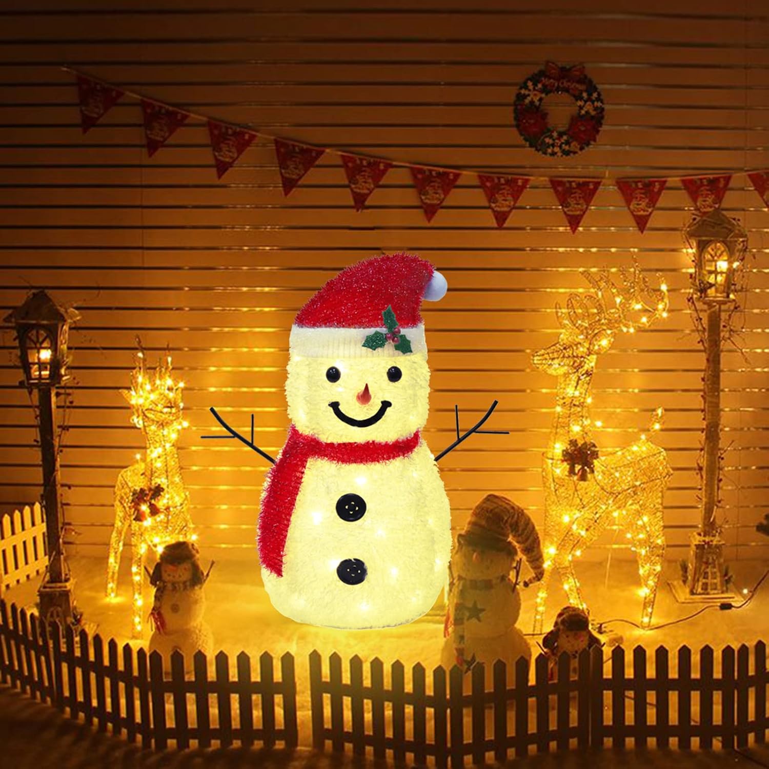 Snowman Christmas Decorations, FISHOPE 2FT Lighted Pop Up Pre-Lit Light Up 50 LED Snowman, Collapsible Tinsel Snowman for Indoor or Outdoor Garden Yard Lawn Holiday Party Decor (Plush) : Patio, Lawn & Garden