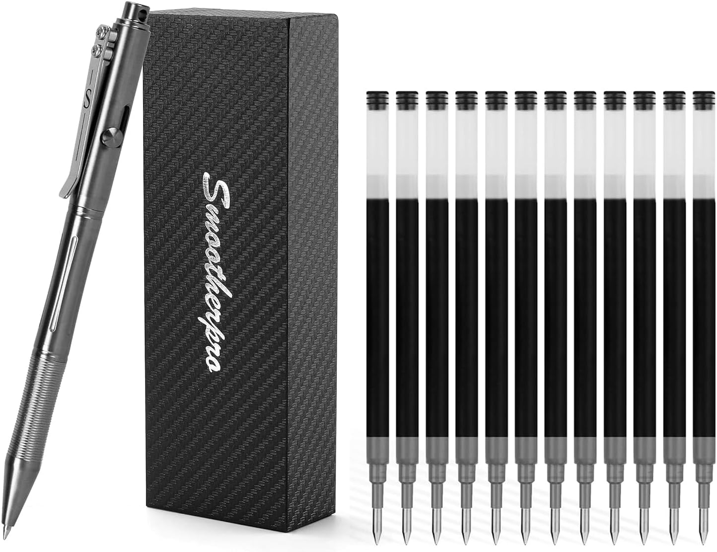 SMOOTHERPRO Gray Stainless Steel Bolt Action Pen and and 12 Pack Gel Ink Refills