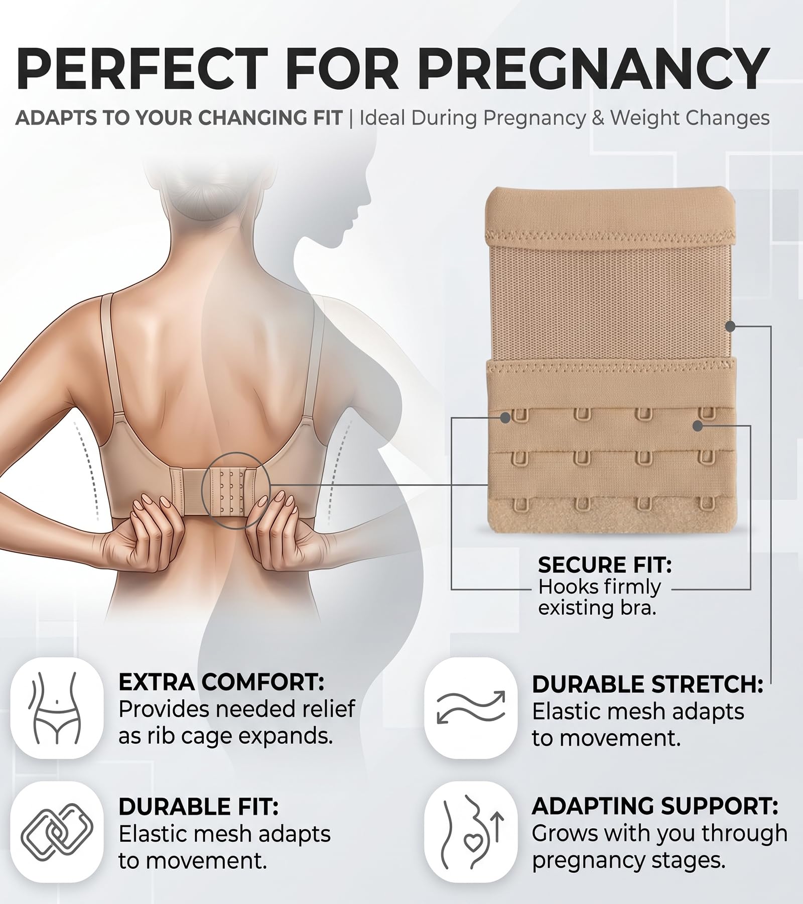 DClub Extensor de brasier con 2 ganchos, elástico, suave y cómodo, extensor de correa de brasier para mujeres en embarazo o aumento de peso., Piel, 3 PIECES