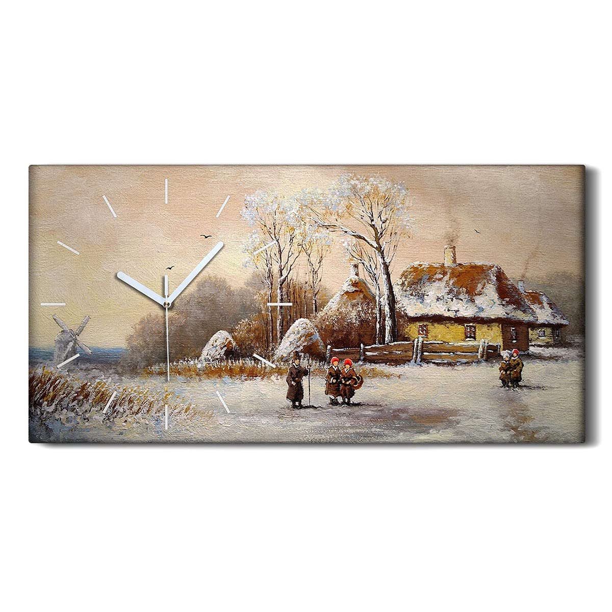 Horloge sur Toile Villageois d'hiver pour une Ambiance Apaisante