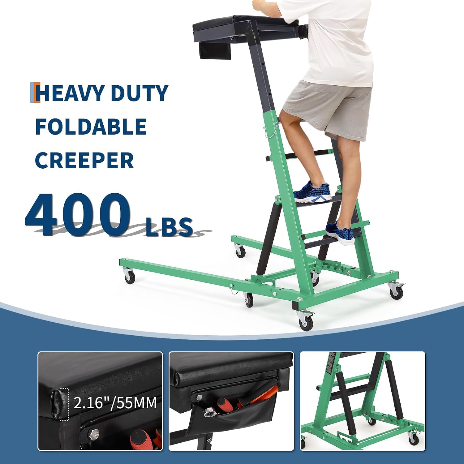 400LBS Automotive Top Side Creeper-Rolling Engine Creeper with Tray, Foldable Topside Truck Creepers for Garage and Workshop Auto Repair, 9-Level Adjustable 42.5"-64.8",2-Inch Cushion & Tool Bag