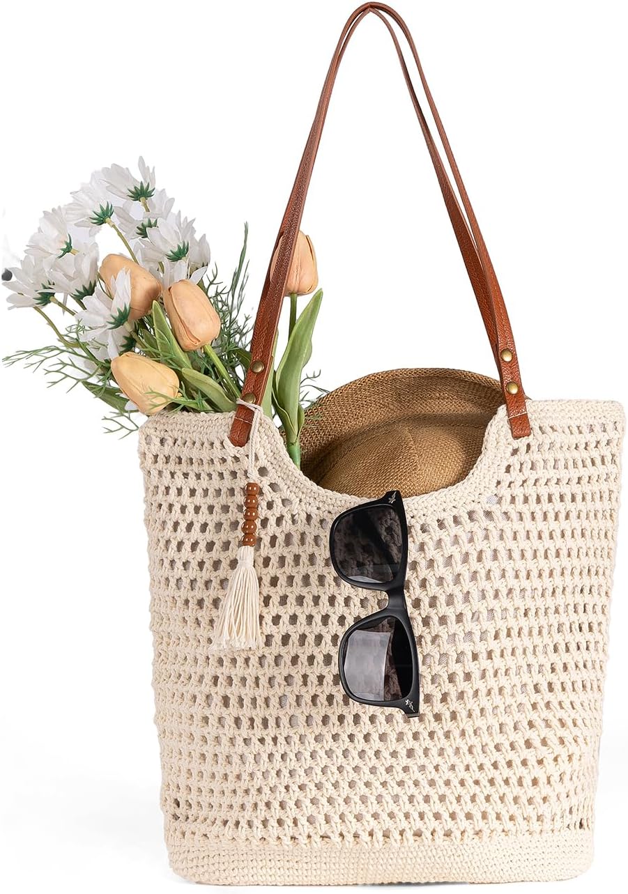 Womens Crochet Beach Tote Bag Boho Knit Woven Mesh Zipper Essentials