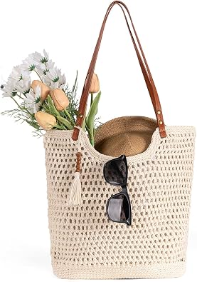 Womens Crochet Beach Tote Bag - Summer Boho Knit Woven Hollow Mesh Tote Bag with Zipper Pocket for Travel Vacation Beach Essentials | Zipper Closure