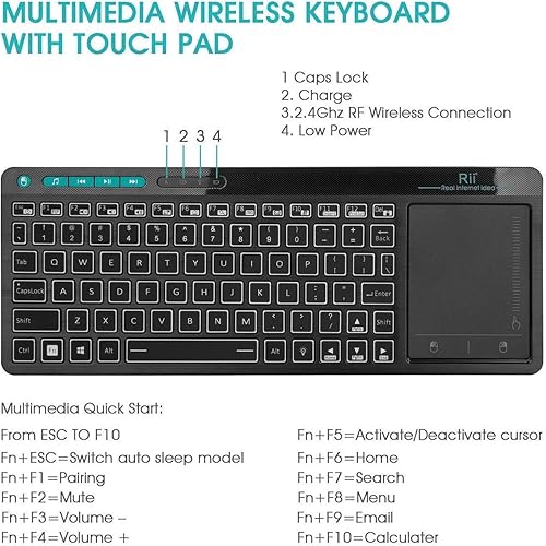 Vista 5 de Rii K18 Plus Teclado multimedia inalámbrico de 3 LED a color retroiluminado con panel táctil de gran tamaño, teclado recargable para Android TV Box