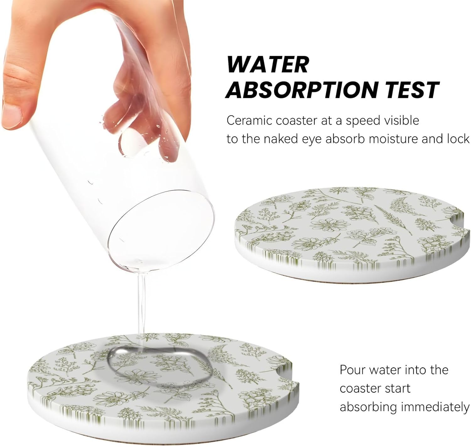 Vintage Green Flower Car Cup Coaster 2 Pack Ceramic Absorbent Car Coasters 2.56 Inch Non-Slip Car Cup Holder Interior Car Accessories for Women Girls Cup Mats with Cork Base and Finger Notch
