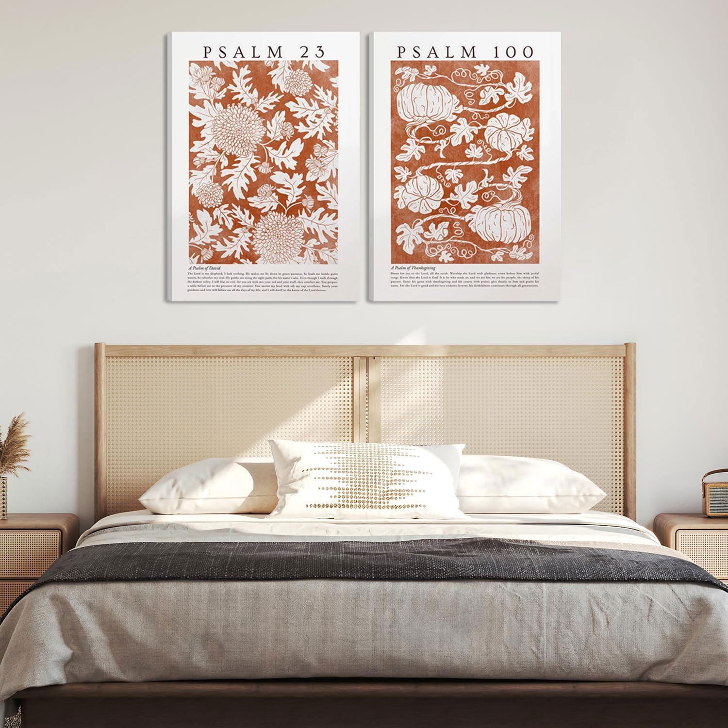 2Pcs Christian Bible Psalms Canvas Wall Art Orange plant Thanksgiving Scriptures Wall Decor Pictures Modern Flower Posters Prints Belief Home Decoration for Prayer Room Bedroom Paintings Artwork