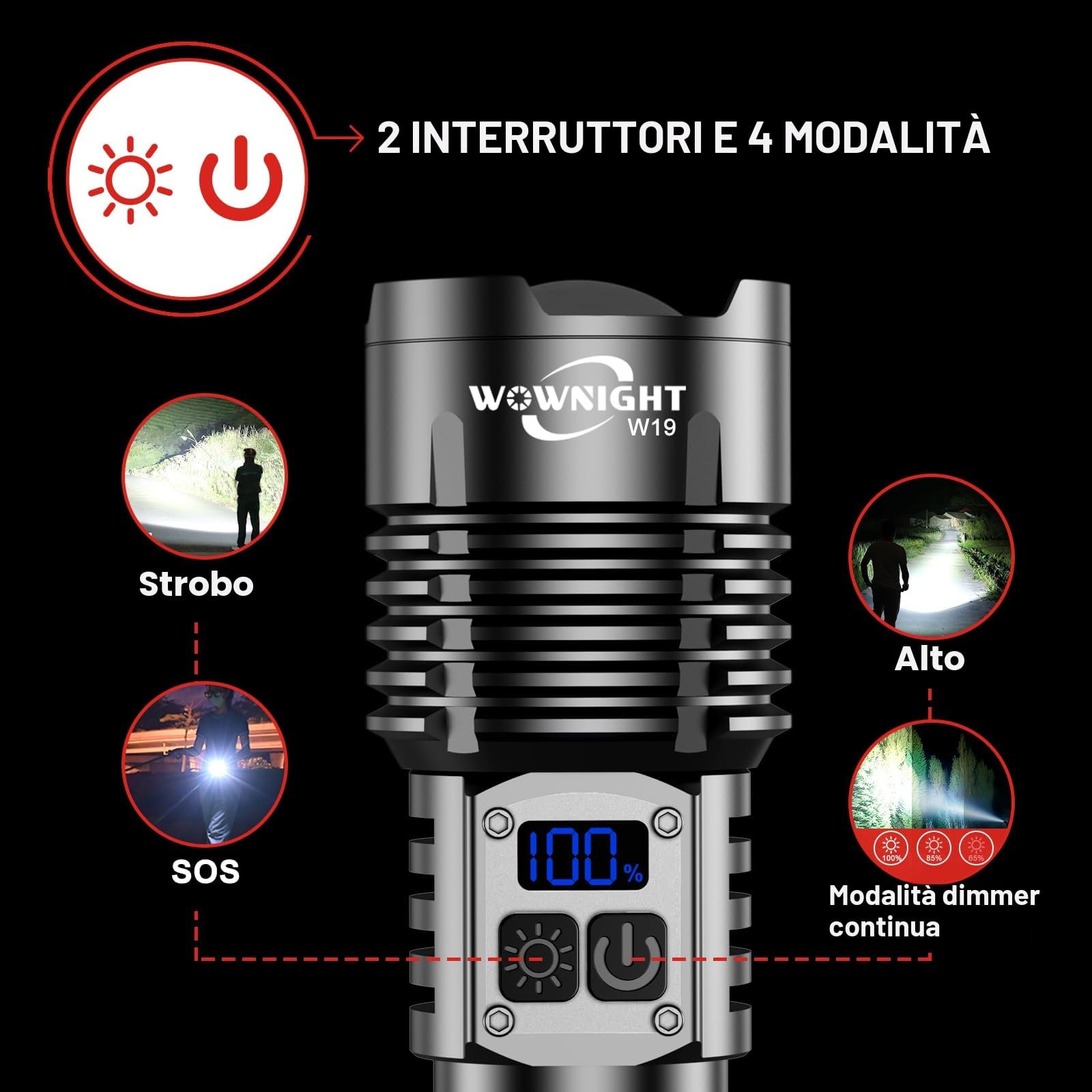 Torcia LED Potente Professionale 1,000,000 Lumens, 50W 2 Interruttori Torcia LED Ricaricabile, IPX6 Torcia Potente Tattica, Infinitamente Dimmerabile Per Campeggio Trekking Emergenza