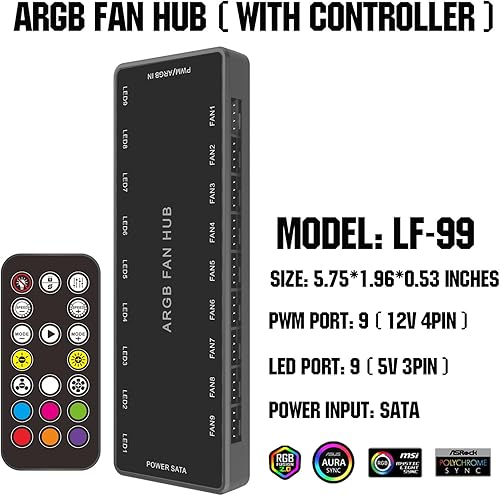 Miniatura 3 de ARGB PWM Fan Hub, direccionable 5V-3PIN ARGB 12V 4PIN PWM 2 en 1 RGB Hub de ventilador con controlador y entrada de alimentación SATA, 9 puertos de
