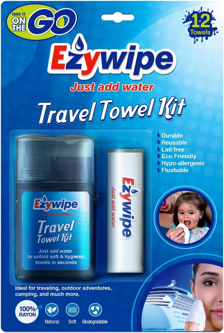 Travel Kit Compressed Cleansing Towel Small Tube Qty 12 Towels W/Water Sprayer (Hypoallergenic, Portable Cooling Disposable Reusable Biodegradable Outdoor, Refresh, Wipe)