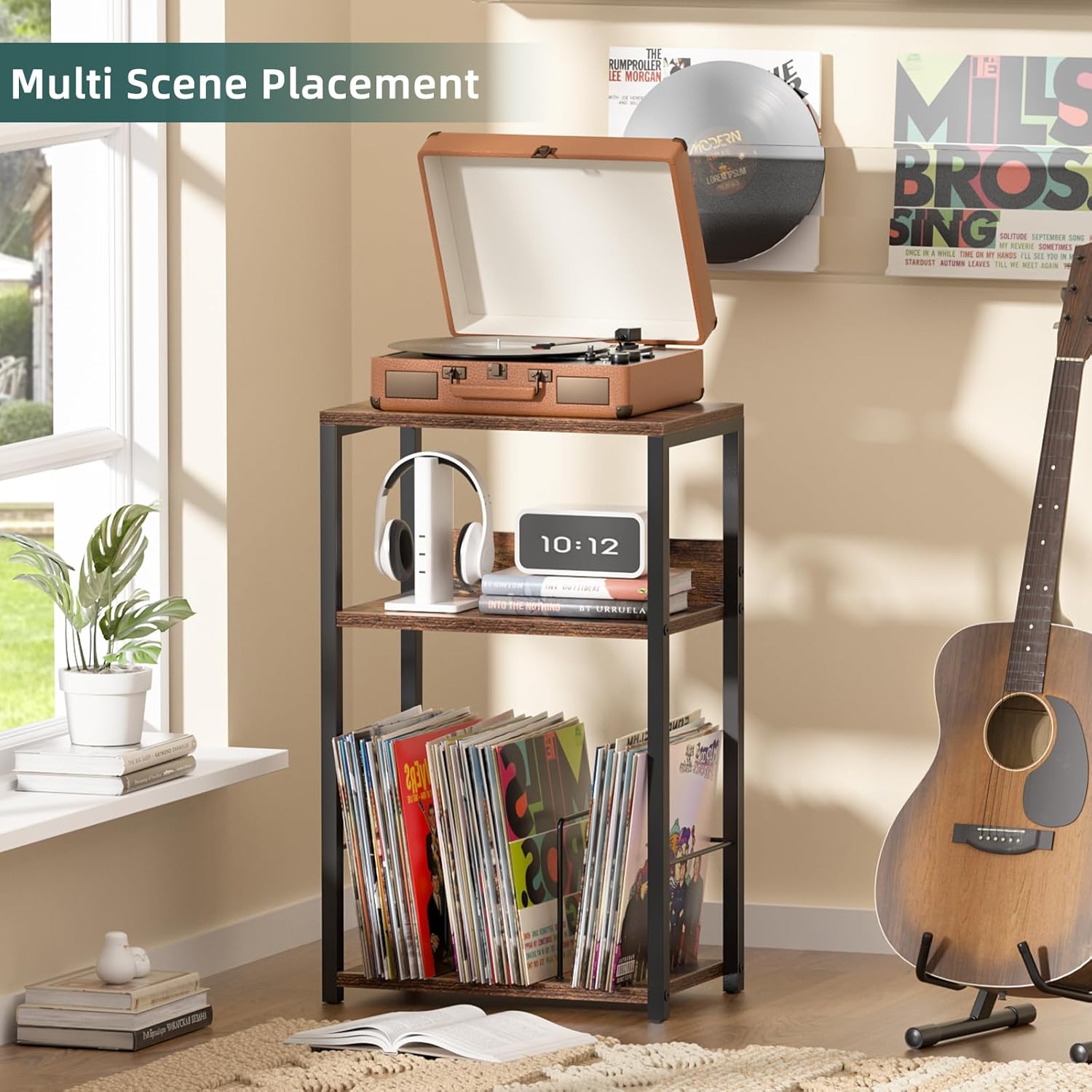 LELELINKY Record Player Stand, 3-Tier End Side Table with Vinyl Record Storage, Vinyl Record Holder Up to 120 Albums, Turntable Stand with Vinyls Storage for Music Living Room, Brown