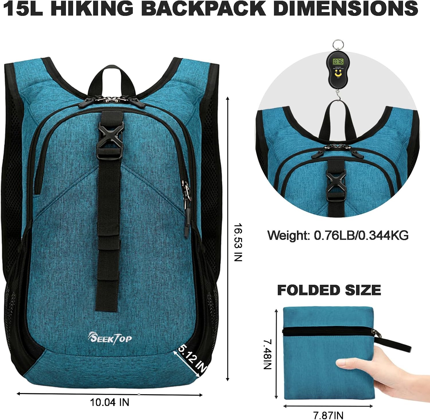 Seektop 15L Small Hiking Backpack for Women Men, Lightweight Hiking Packable Daypack with Phone Pocket for Travel Camping (Teal Blue, 15L) - Image 4
