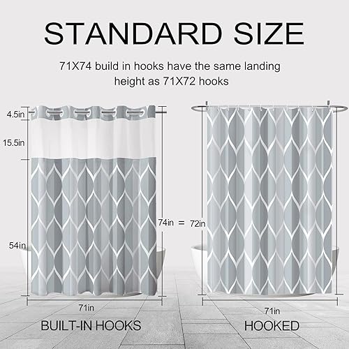 Miniatura 6 de Juego de cortina de ducha y forro sin gancho, cortinas de ducha geométricas modernas grises para baño, estilo hotel, juego de cortinas de baño