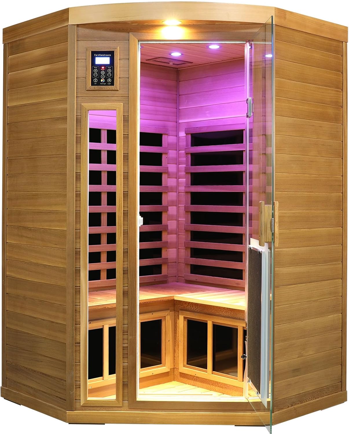 2-3 Person Corner Far Infrared Sauna for Home, 1760W Ultra-Low EMF（0-1mG） Indoor Red Cedar Wood Sauna Room with 8 Heating Panels, Dual Control Panel, Bluetooth Speaker  Chromotherapy Lights