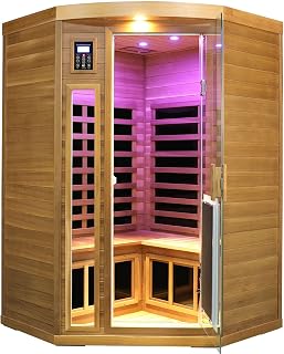 2-3 Person Corner Far Infrared Sauna for Home, 1760W Ultra-Low EMF(0-1mG) Indoor Red Cedar Wood Sauna Room with 8 Heating Panels, Dual Control Panel, Bluetooth Speaker & Chromotherapy Lights