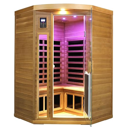 KUNSANA 2-3 Person Corner Far Infrared Sauna for Home, 1760W Ultra-Low EMF（0-1mG） Indoor Red Cedar Wood Sauna Room with 8 Heating Panels, Dual Control Panel, Bluetooth Speaker & Chromotherapy Lights