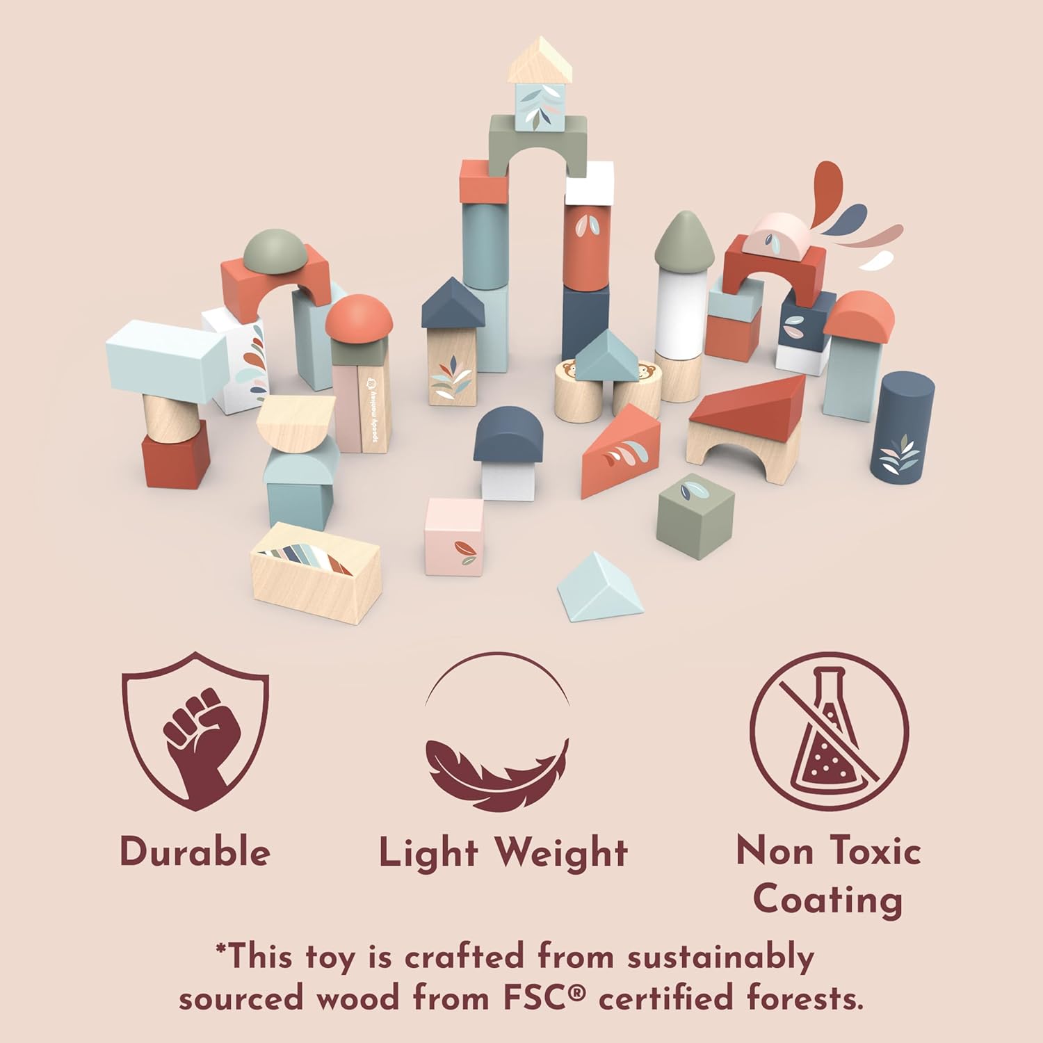 SPEEDY MONKEY Wooden Building Blocks Set 50 Pieces | Stacking Construction Blocks Toy | Educational STEM Learning Toys for Toddlers & Kids | Preschool Creative Building Play Set