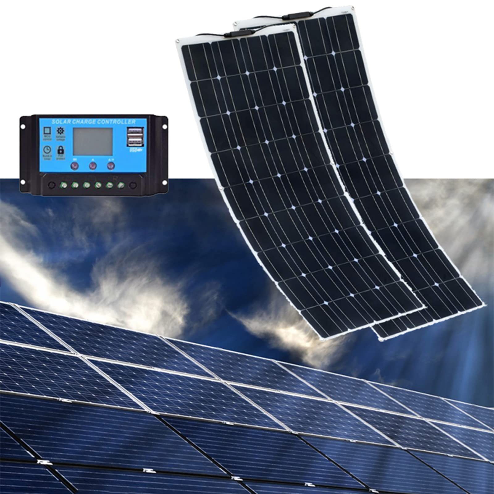 Pannello Solare 18 V Modulo fotovoltaico Portatile Flessibile da 2 PCS 150W con Controller Solare per Barca, Auto, roulotte, Tetto