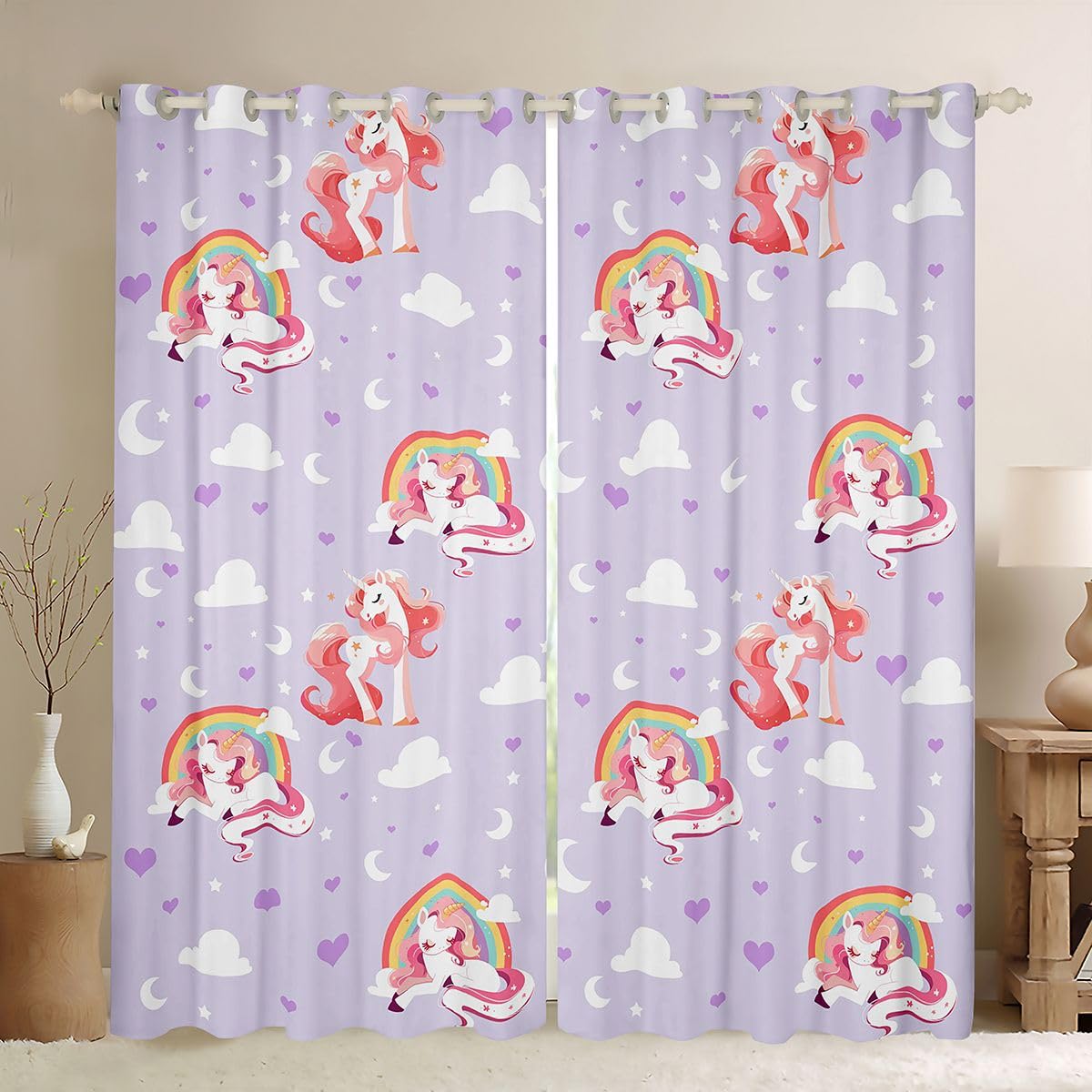 Homewish Tende per finestre con unicorno, 168 x 228 cm, set di 2 pannelli, tende oscuranti arcobaleno viola rosa tende per finestre galassia stelle fantasy per camera da letto