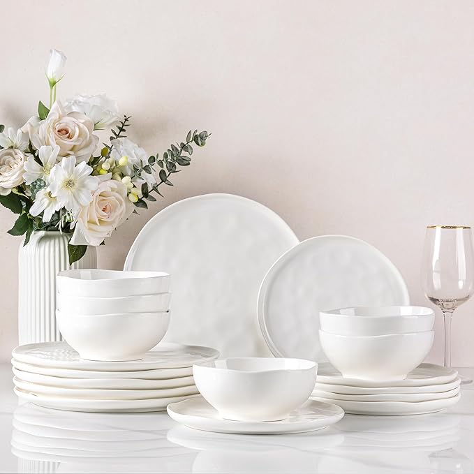 Ceramic Dinnerware Sets for 6, 18 Pieces Porcelain Lightweight Plates and Bowls Sets, Scratch Resistant Dish Set, Oven & Microwave & Dishwasher Safe, Angel White