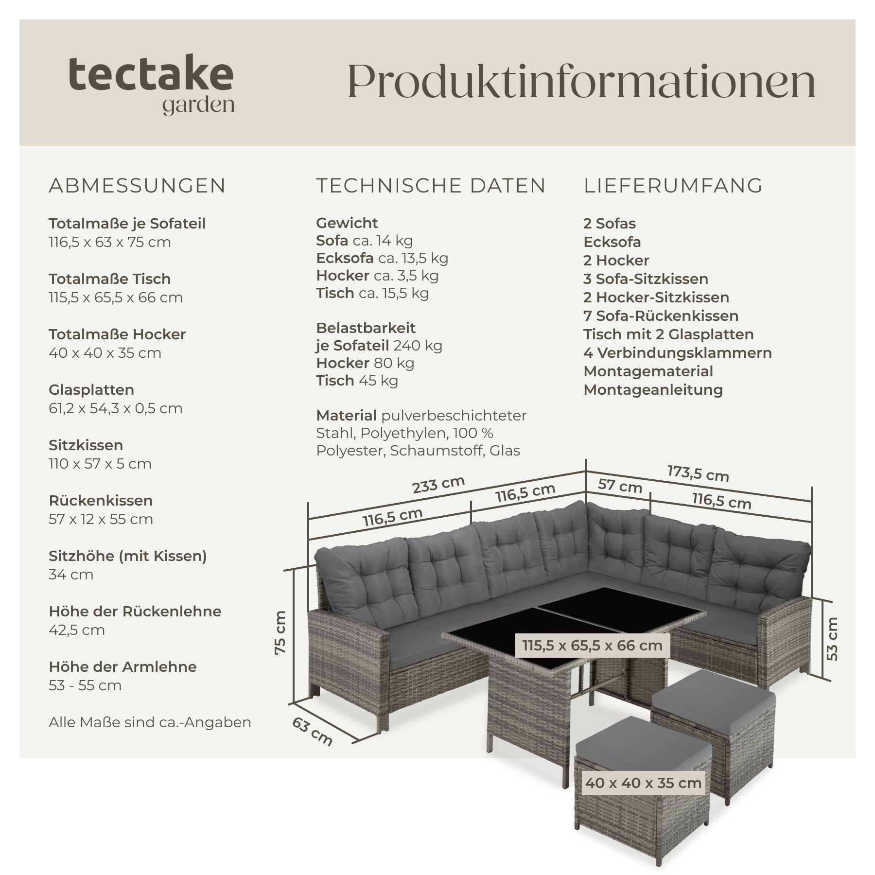 tectake® Polyrattan Lounge Set, Gartenmöbel Set mit Sofa, Hocker + Tisch, Balkon Möbel Outdoor, 5-teilige Sitzgruppe, inkl. Sitz- & Rückenkissen, ideal für Garten, Terrasse, Balkon - grau-meliert/grau