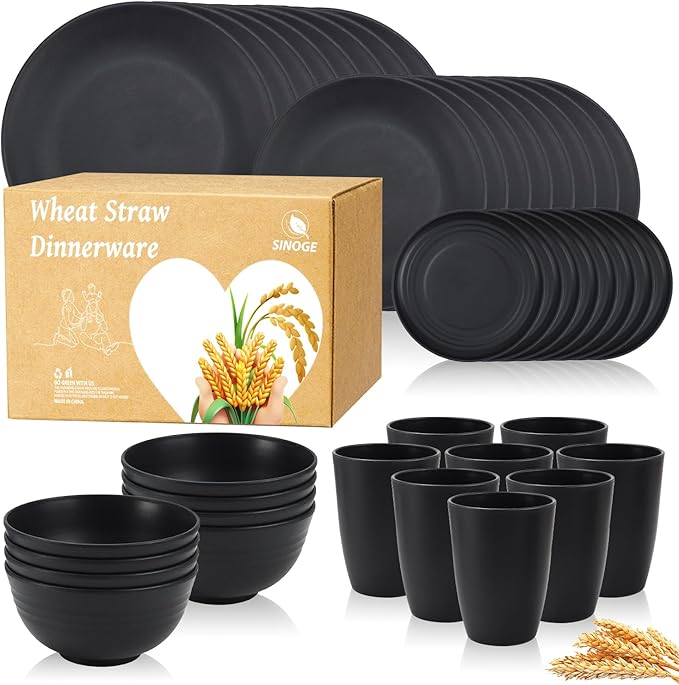 SINOGE Wheat Straw Dinnerware Set 40PCS, Unbreakable Plates and Bowls Set, Black Plastic Reusable Cups Service for 8, Dishwasher Microwave Safe Dinner Dishes Sets for Kitchen,RV- Black Feast