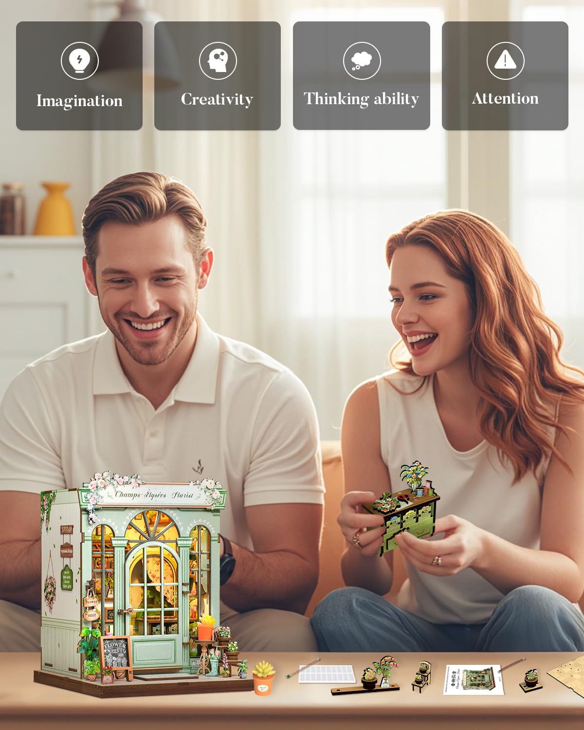 Cutefun Book Nook Kit - DIY Case delle bambole miniatura per adulti, puzzle 3D in legno con LED, Il miglior regalo per una donna (fiorista Champs-élysées)