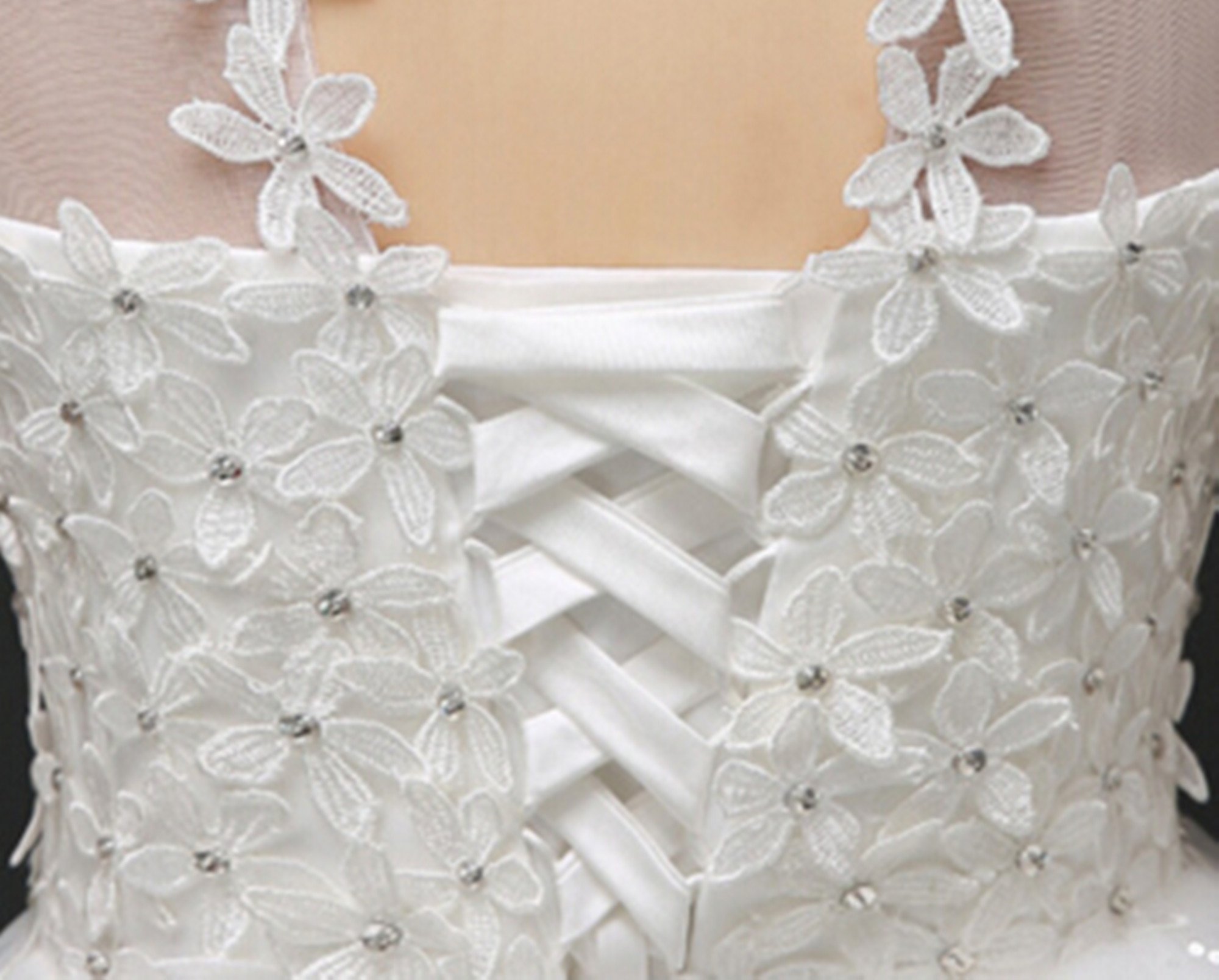 Vestito da sposa, da donna, elegante, in pizzo con schiena nuda, con fiori