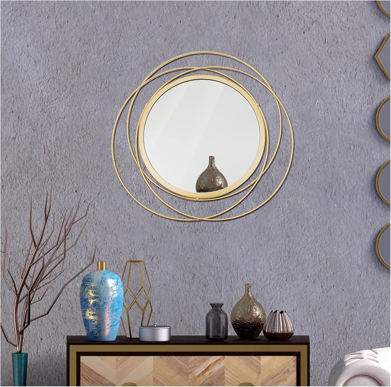 Cityelf 14'' Gold Circle Mirror Wall Decor Wire Metal Mirror Art Round Mirror Home Decor Hanging Mirror for Living Room/Bedroom/Bathroom/Entryway (Medium Size 14 inch,Circles)