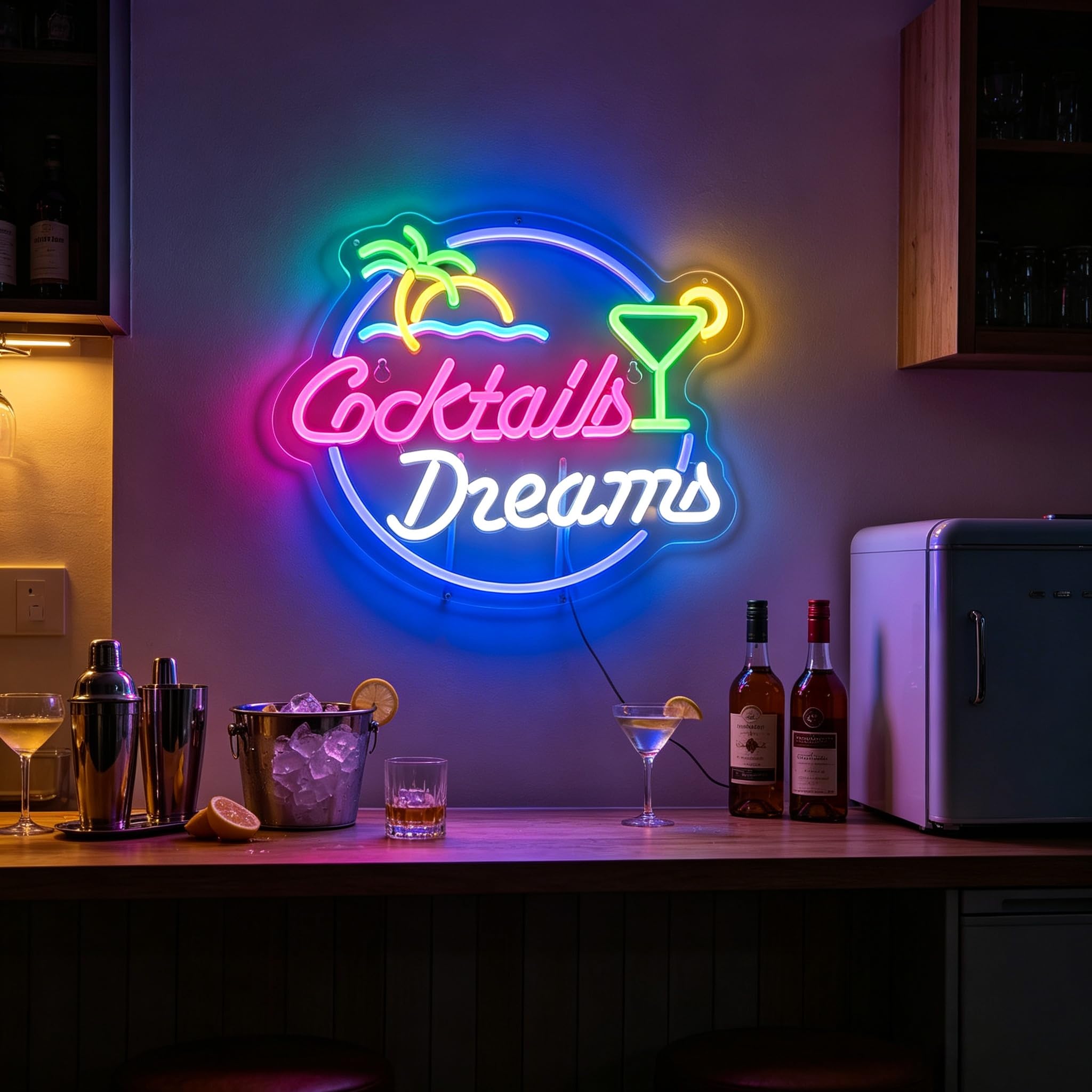 Enseigne néon LED personnalisée – Barre lumineuse tropicale avec palmier et cocktail, décoration alimentée par USB pour cave, salle de jeux et fête